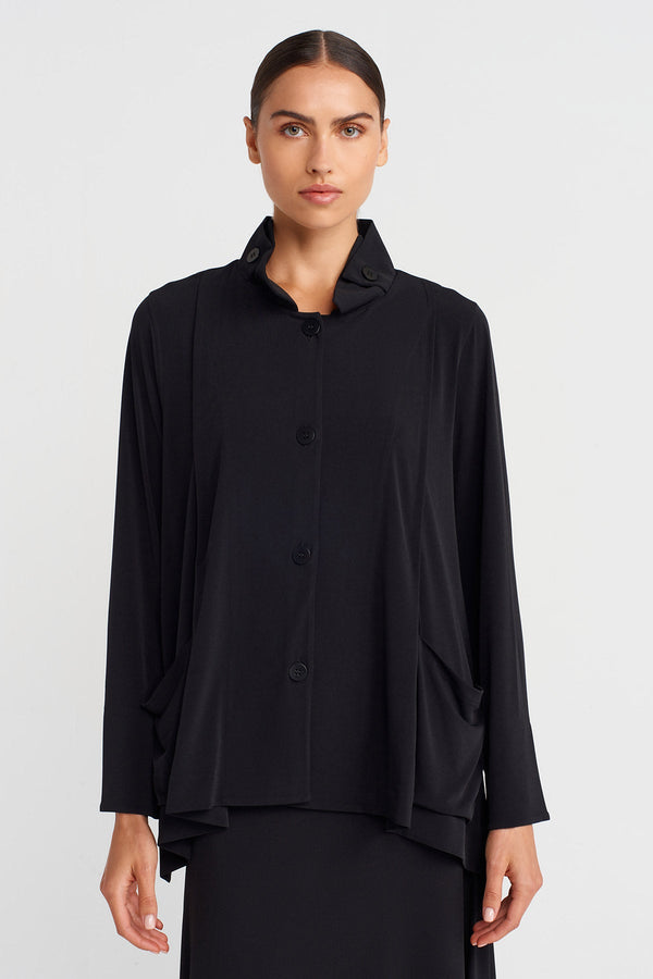 Nu Jersey Cardigan With Mandarin Collar And Pockets Black