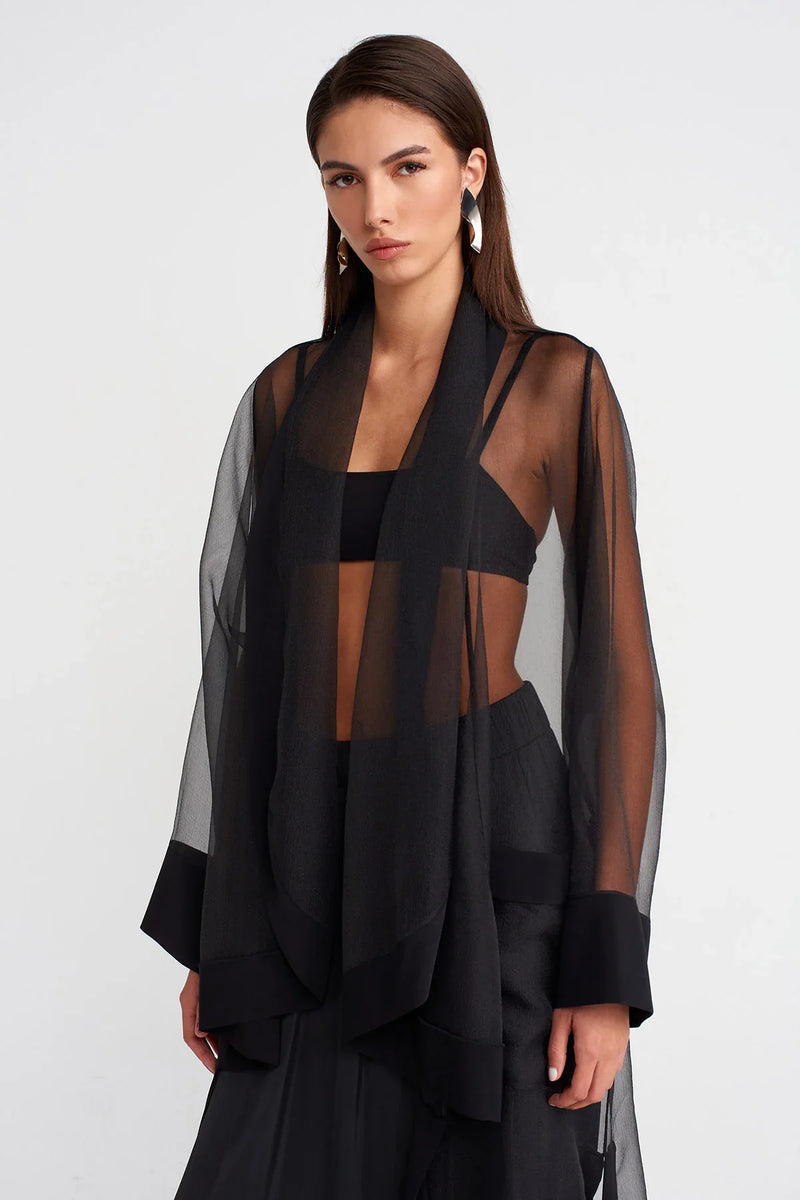 Nu Long Cape-Form Organza Jacket Black