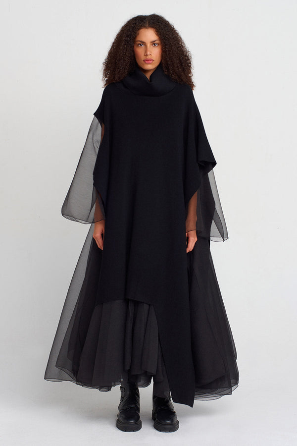 Nu Asymmetric Long Knit Collar Poncho Black