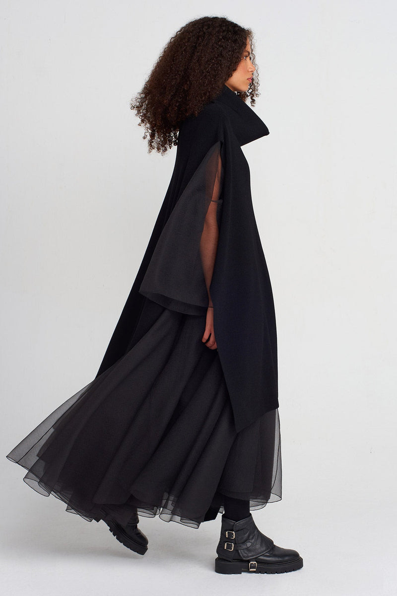 Nu Asymmetric Long Knit Collar Poncho Black