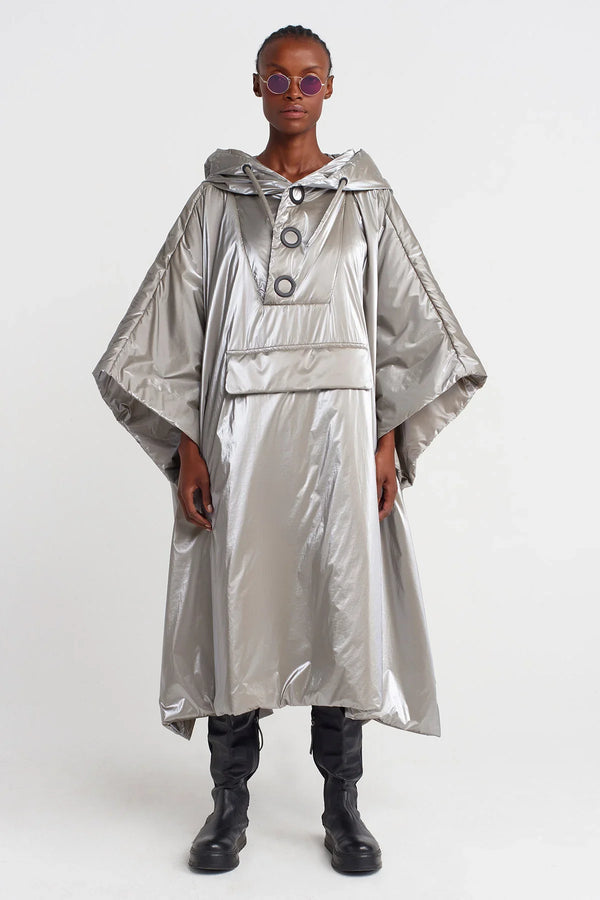 Nu Shiny Long Hooded Raincoat Light Grey Melange