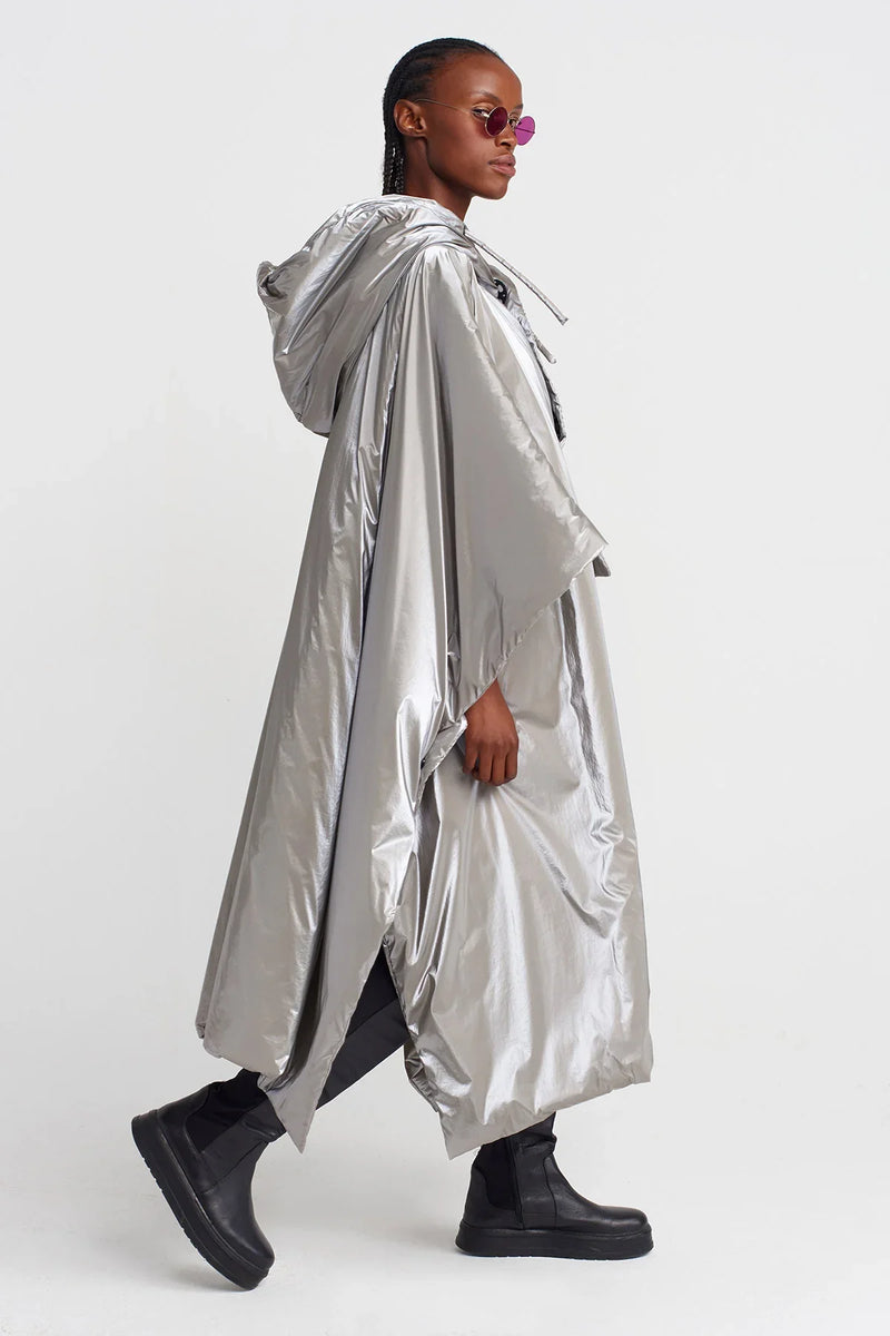 Nu Shiny Long Hooded Raincoat Light Grey Melange