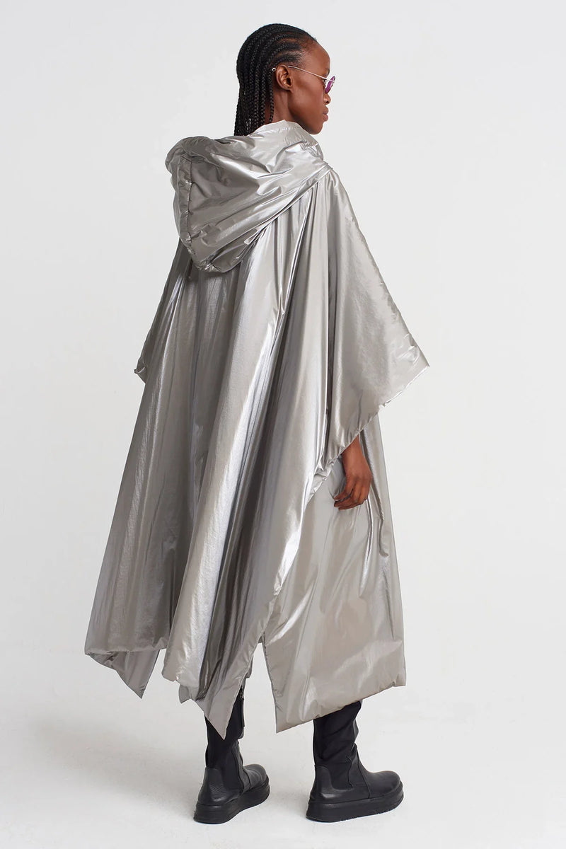 Nu Shiny Long Hooded Raincoat Light Grey Melange