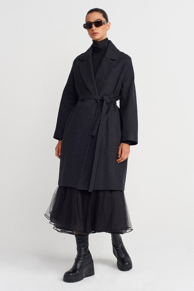 Nu Long Belted Coat Black/White