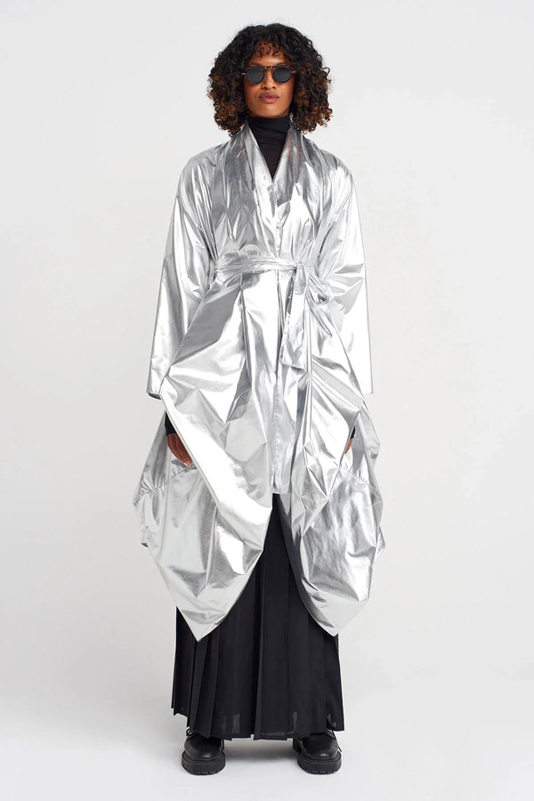 Nu Shiny Belted Trench Coat Silver