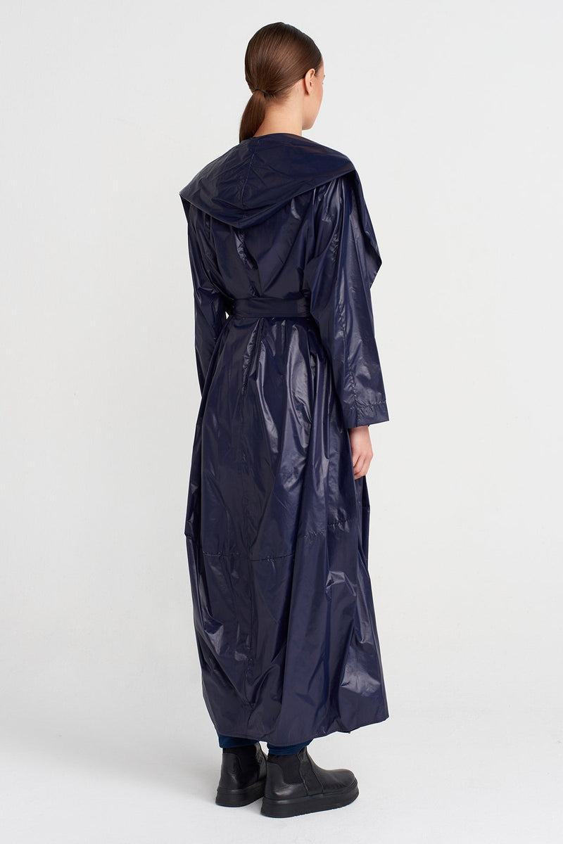 Nu Shiny Fabric Belted Long Coat Blue Night