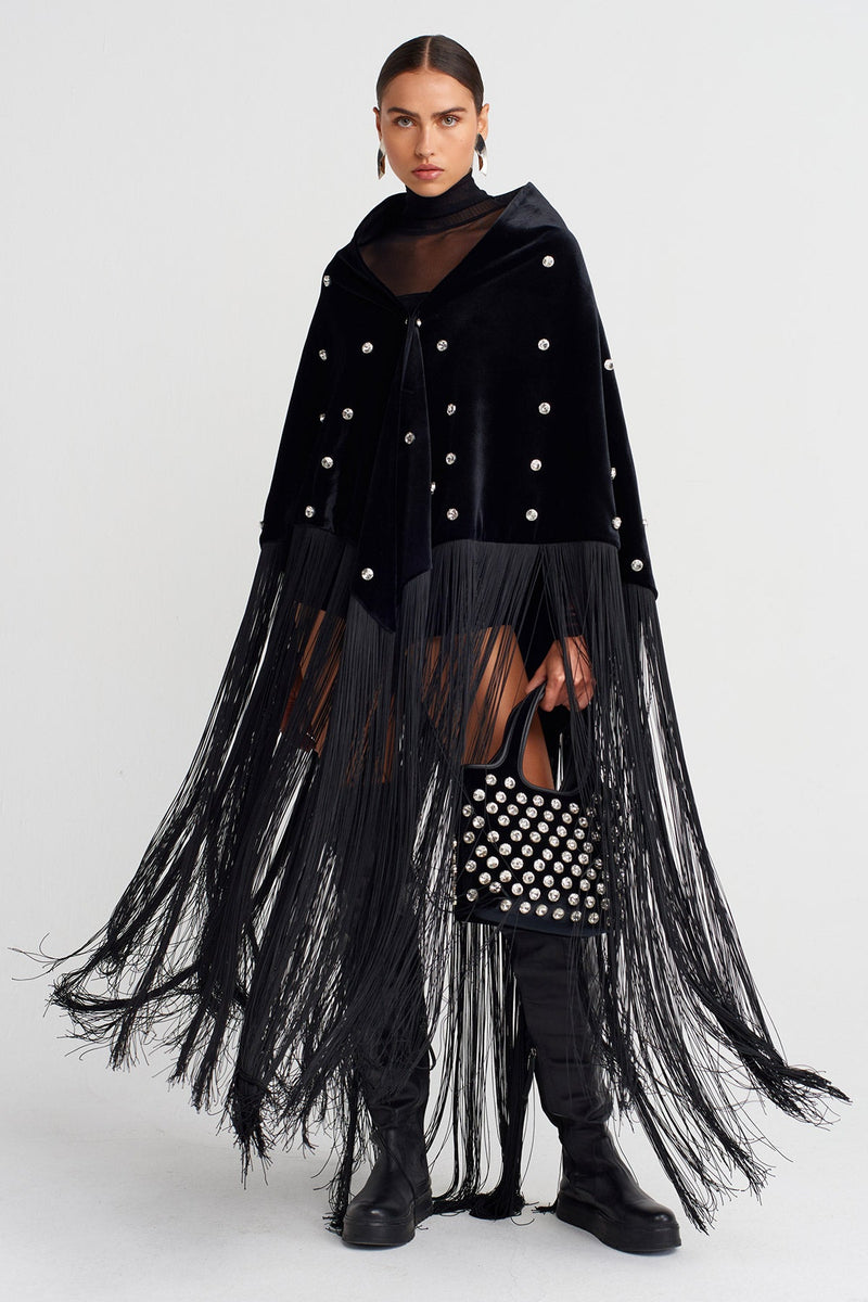 Nu Velvet Handbag With Stone Embroidery Black