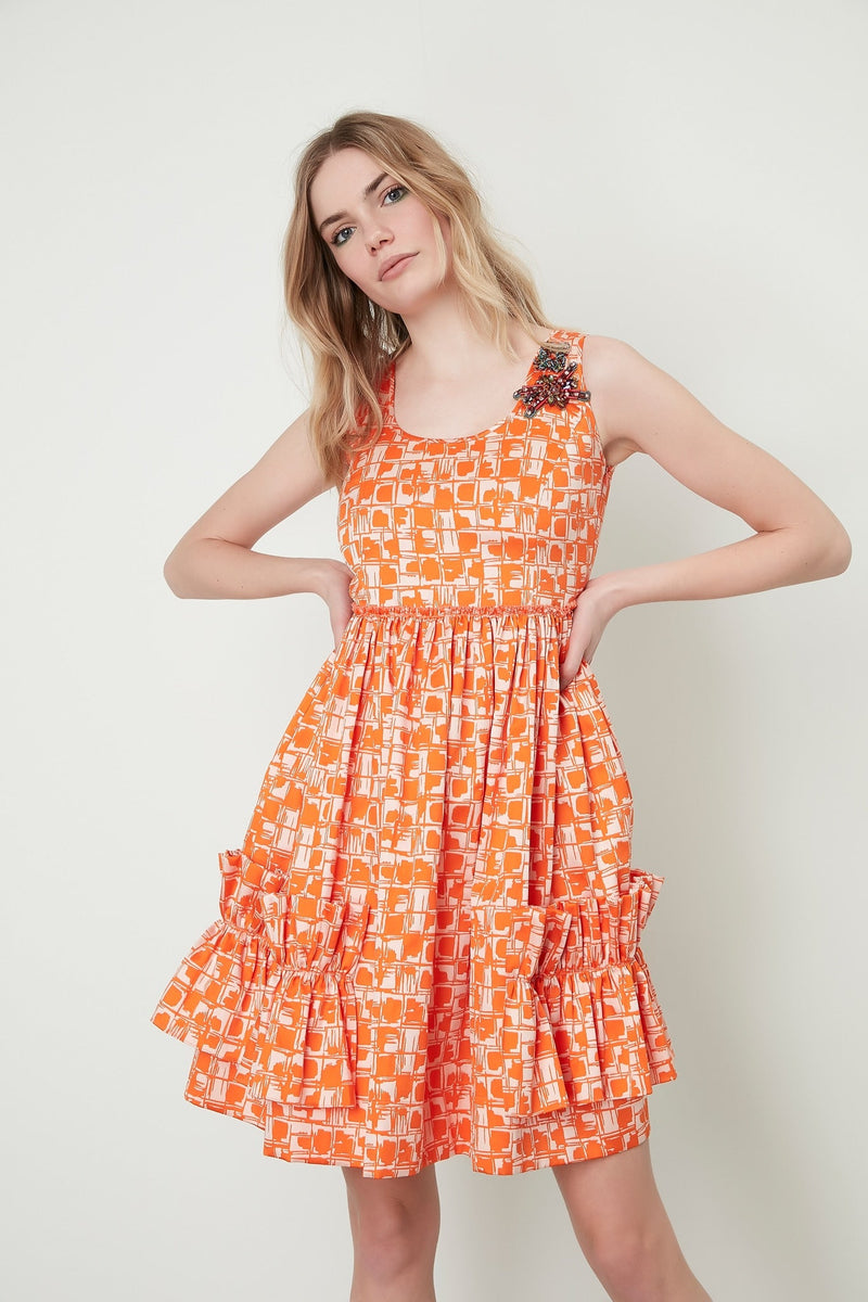 Machka Printed Sleeveless Shoulder-Embellished A-Line Mini Dress Orange