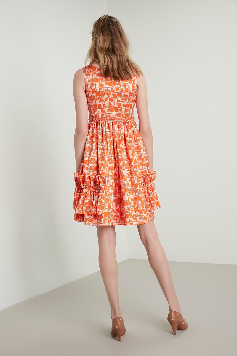 Machka Printed Sleeveless Shoulder-Embellished A-Line Mini Dress Orange