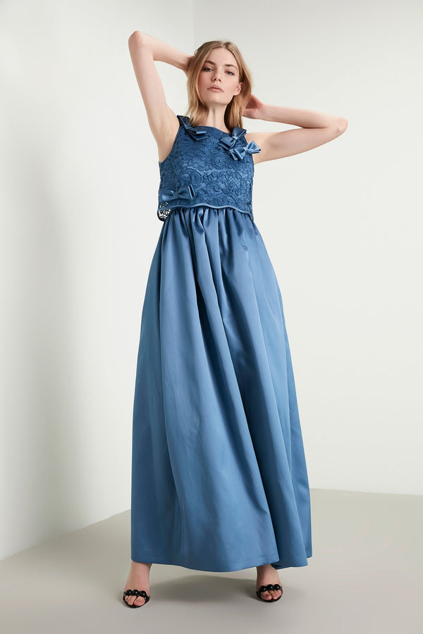 Machka Sleeveless Bow-Front Lace Detail A-Line Long Dress Blue