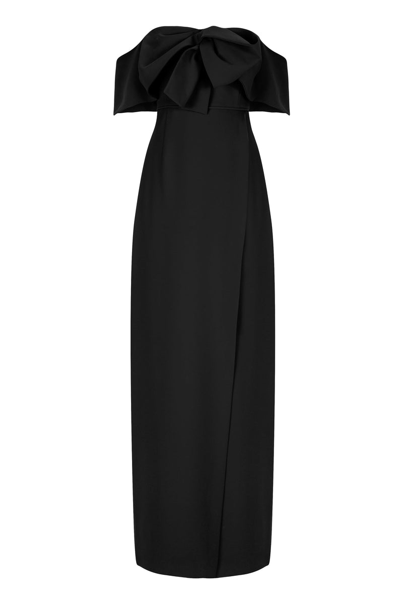 Machka Off Shoulder Bow-Front A-Line Long Dress Black