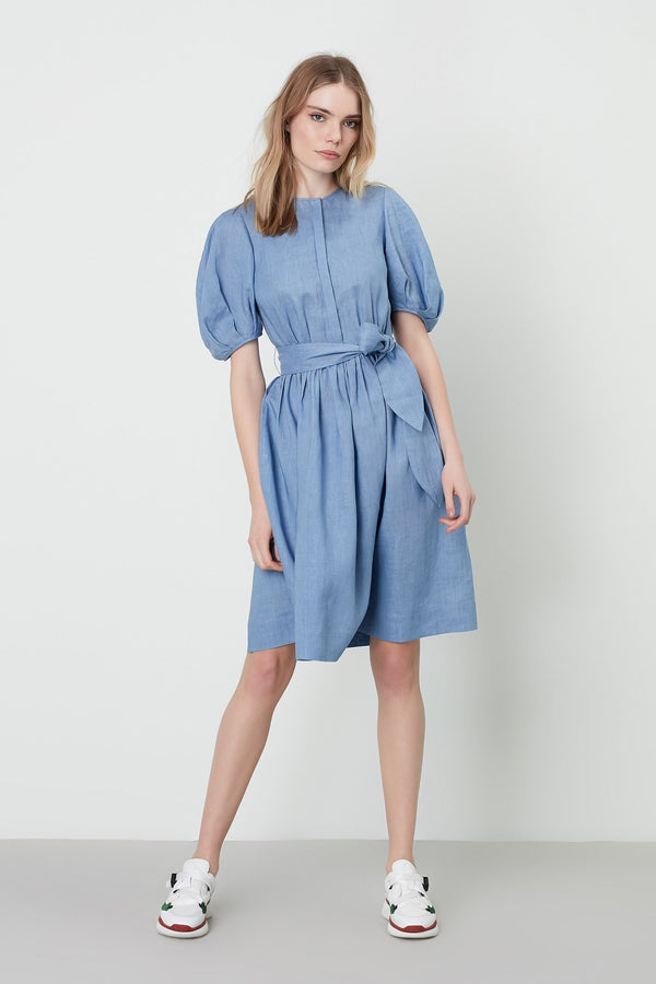 Machka Dress Linen Solid 3/4 S Sky Blue