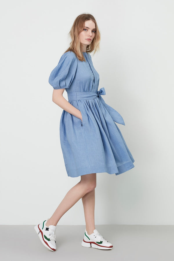 Machka Dress Linen Solid 3/4 S Sky Blue