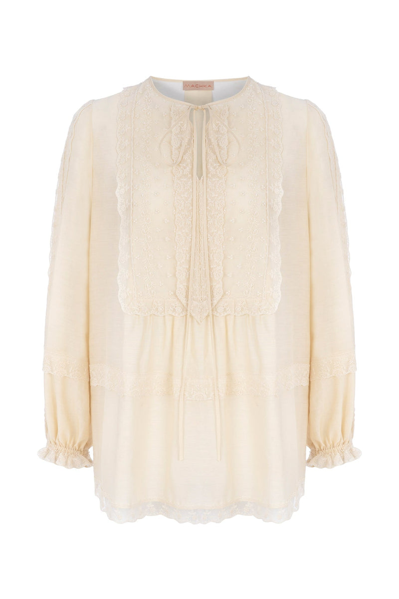 Machka Long Sleeve Lace Detail Blouse Cream