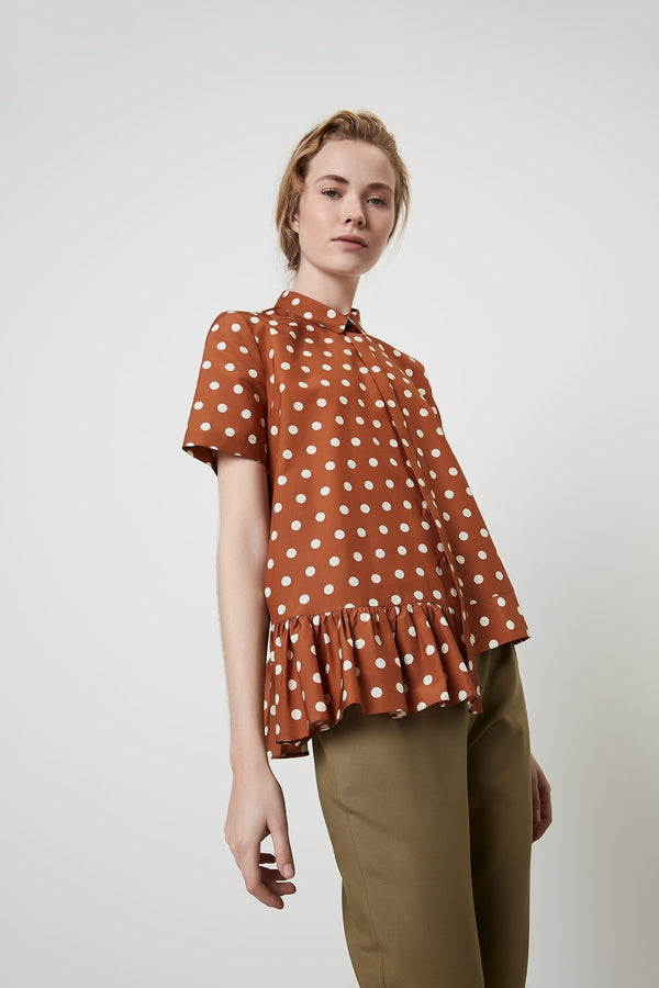 Machka Polka Dot Short Sleeve Asymmetrical Hem Blouse Brick