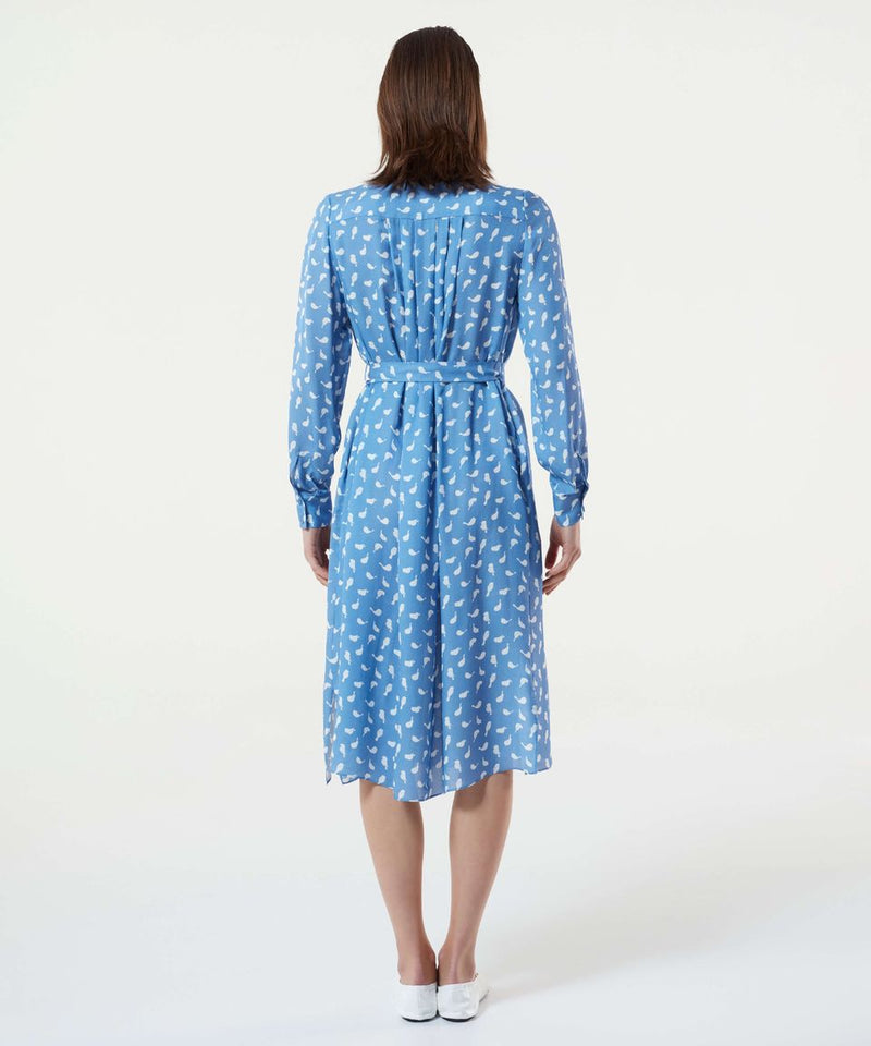 Machka Bird Pattern Belted Dress Sky Blue