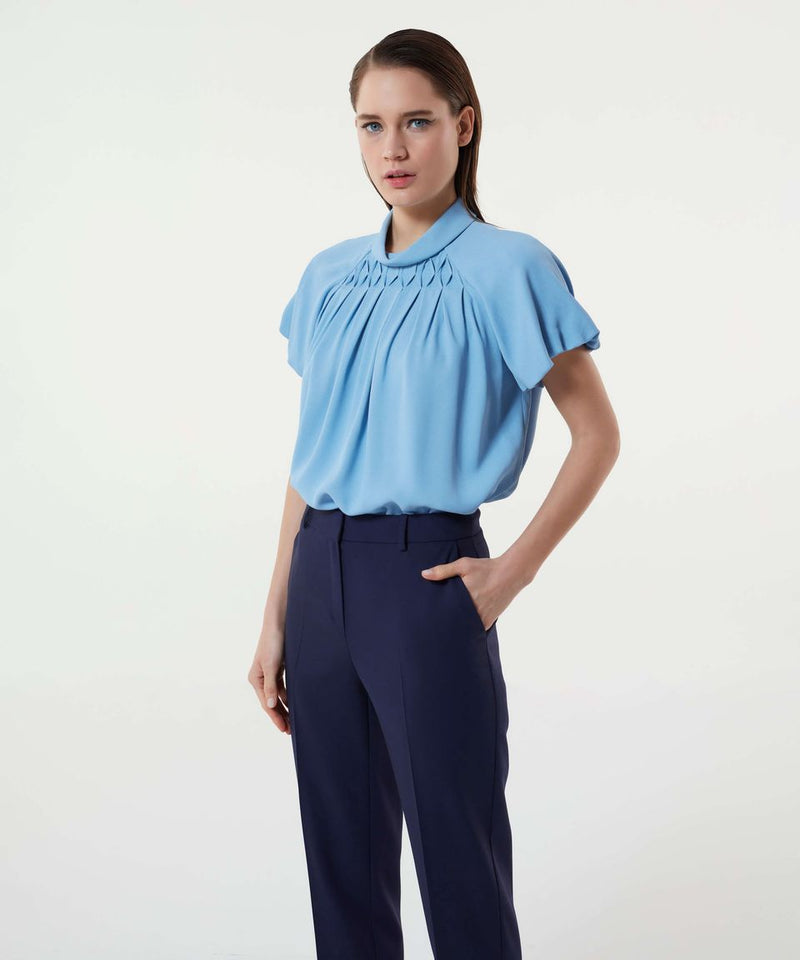 Machka Balloon Sleeve Crepe Blouse Blue