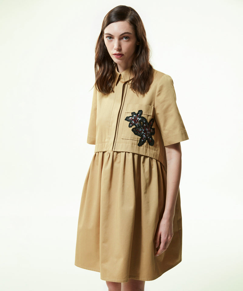 Machka Floral Module-Embroidered Twill Dress Tobacco Leaves