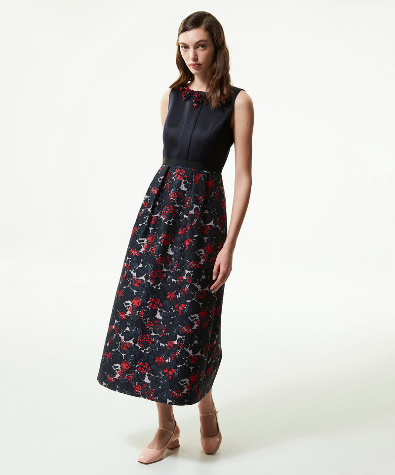 Machka Floral-Embroidered Jacquard Midi Dress Navy Blue