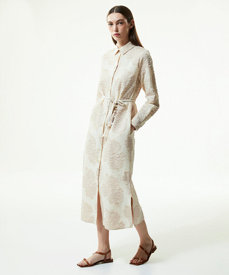 Machka Jacquard Belted Shirt Dress Beige