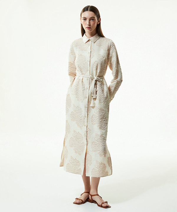 Machka Jacquard Belted Shirt Dress Beige