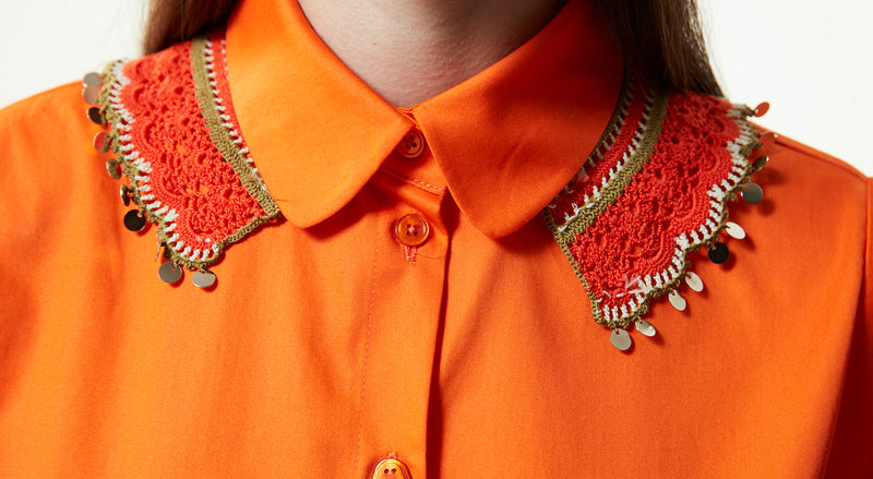 Machka Shirt Dress With Detachable Crochet Collar Orange