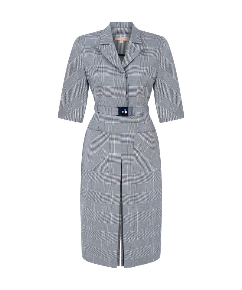 Machka Plaid Pattern Belted Sheath Dress Navy Blue