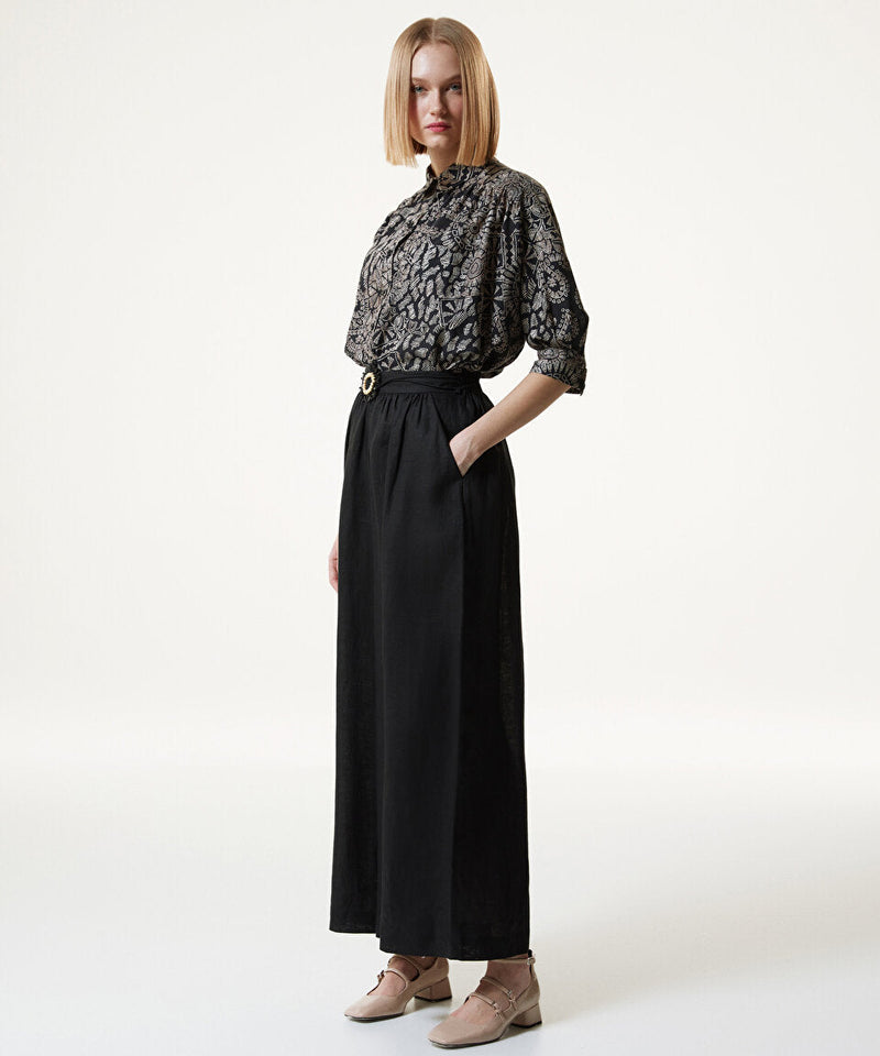 Machka Belted Detail Linen Trousers Black