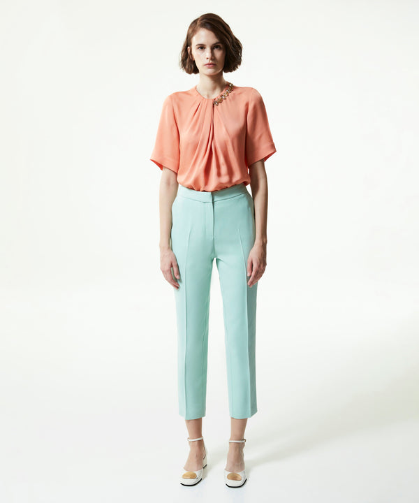 Machka Crystal-Stone Shirred Blouse Salmon