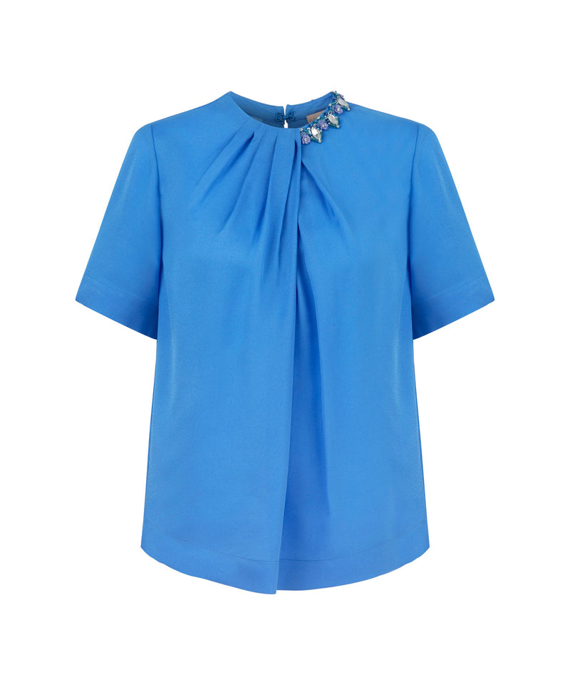 Machka Crystal-Stone Shirred Blouse Light Blue