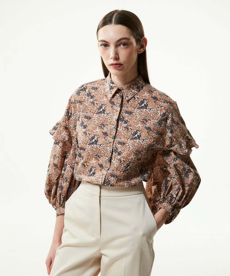 Machka Mixed Pattern Balloon Sleeve Shirt Camel