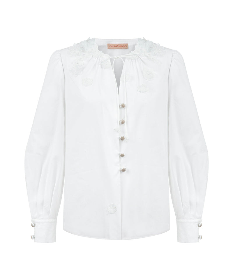 Machka Organza Flower-Embroidered Blouse White