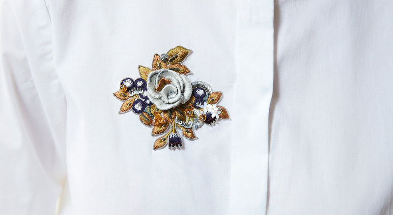 Machka Asymmetrical Ruffled Floral-Embroidered Shirt White