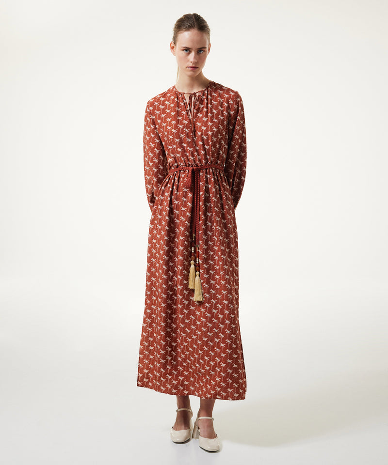 Machka Palm Tree Pattern Linen Blended Dress Brick