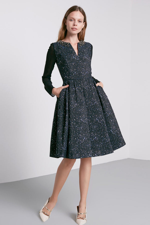 Machka Long Sleeve Jewel Neckline Dress Navy Blue