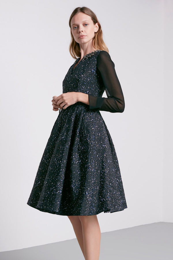 Machka Long Sleeve Jewel Neckline Dress Navy Blue