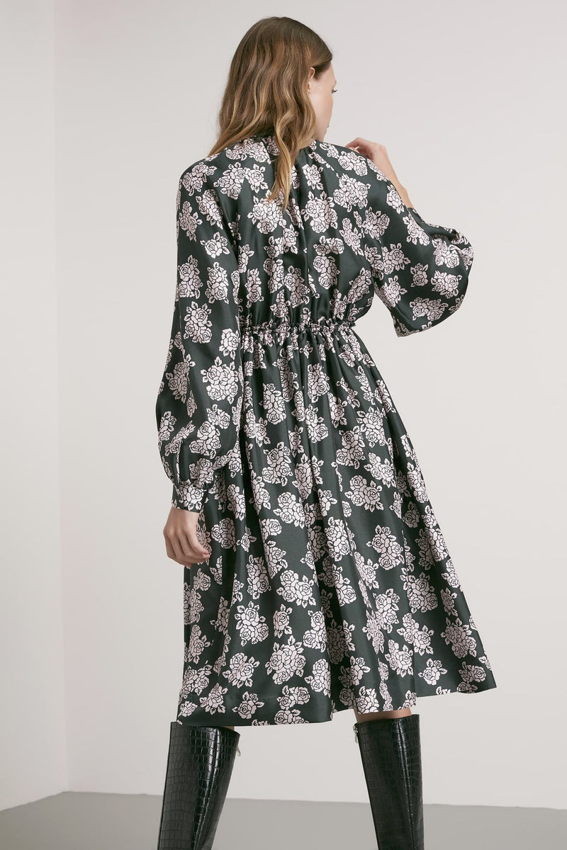 Machka Floral Print Long Sleeve Dress Dark Green