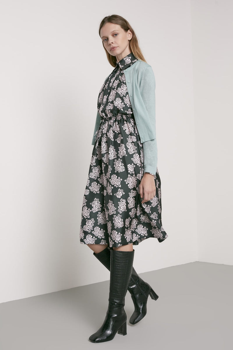 Machka Floral Print Long Sleeve Dress Dark Green