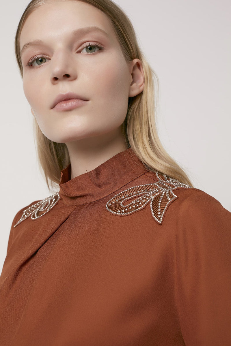 Machka Embellished Detail High Neck Blouse Brick