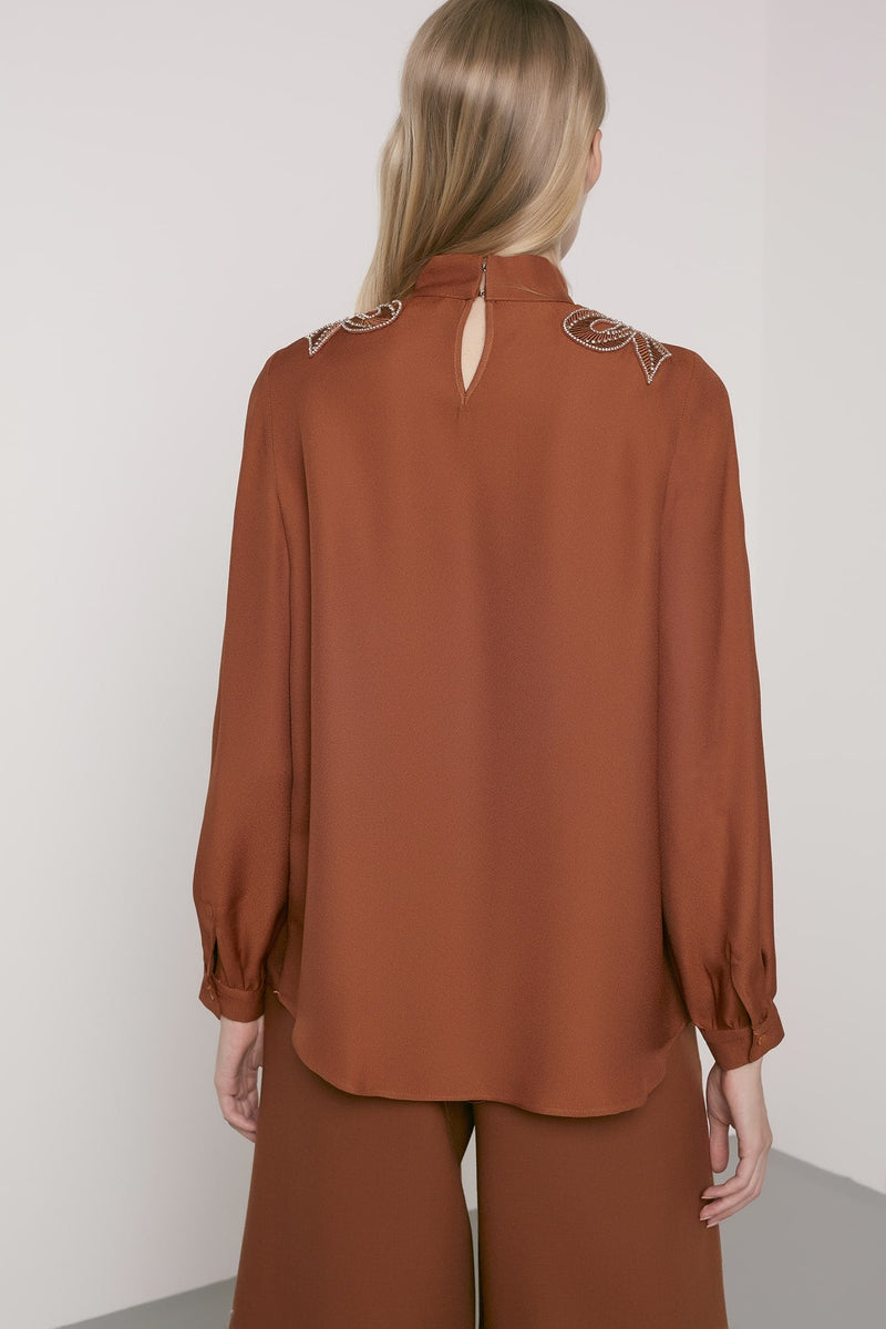 Machka Embellished Detail High Neck Blouse Brick