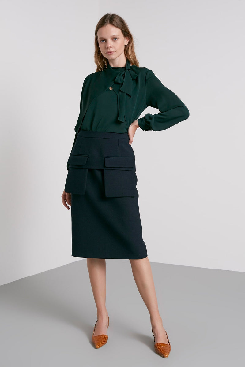 Machka Collar Tie Detail Blouse Dark Green