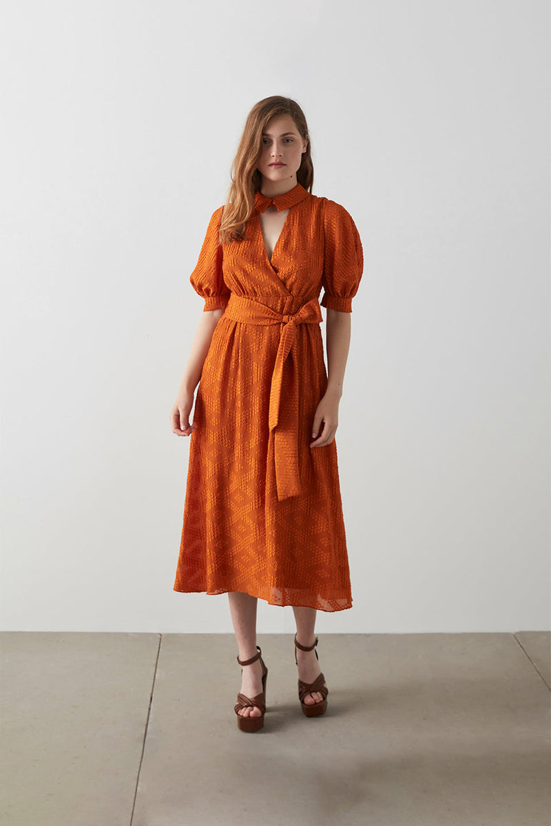 Machka Front Keyhole Jacquard Dress Orange