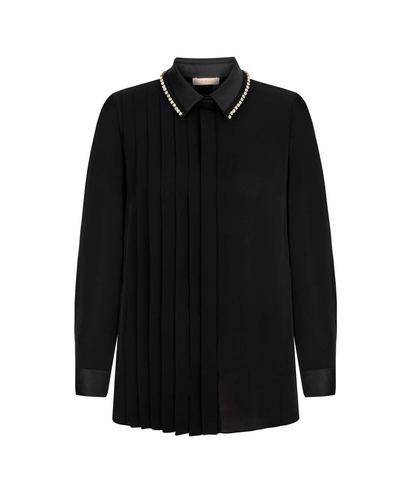 Machka One Panel Pleated Rhinestone Blouse Black