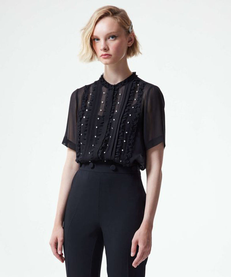 Machka Solid Ruffled Rhinestone Tulle Top Black