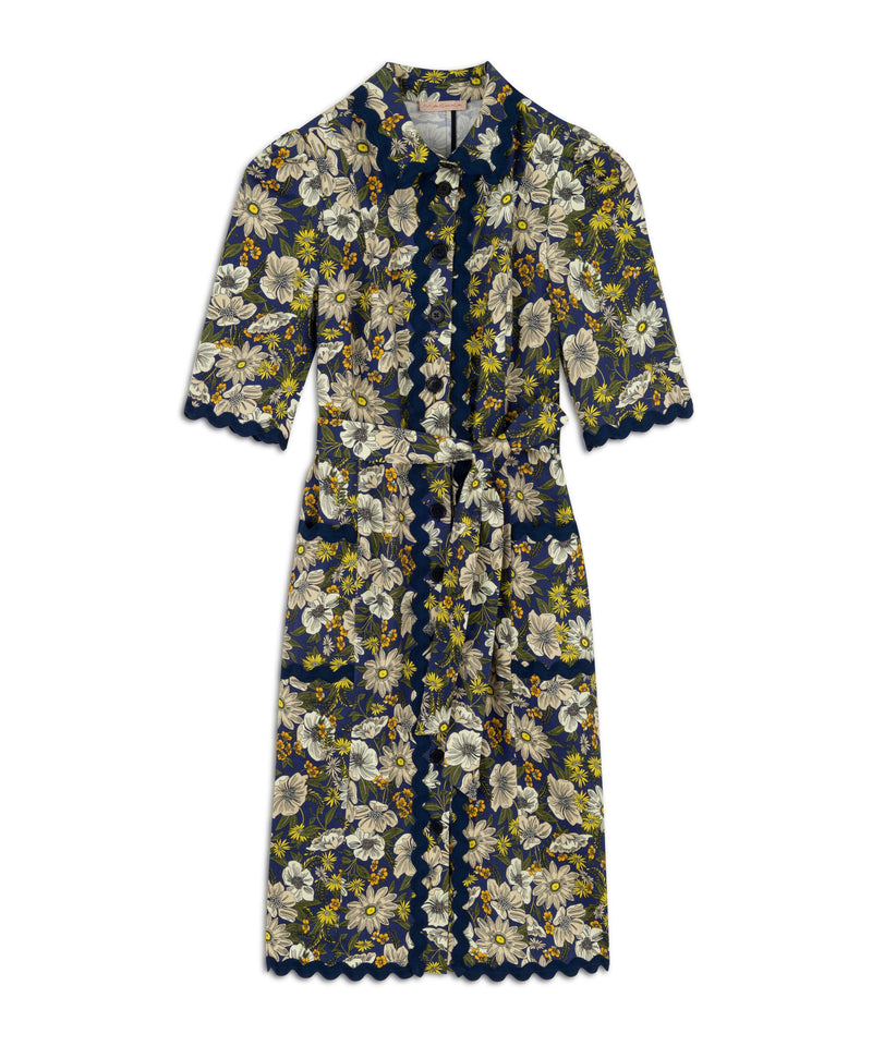 Machka Floral Pattern Belted Shirt Dress Navy Blue