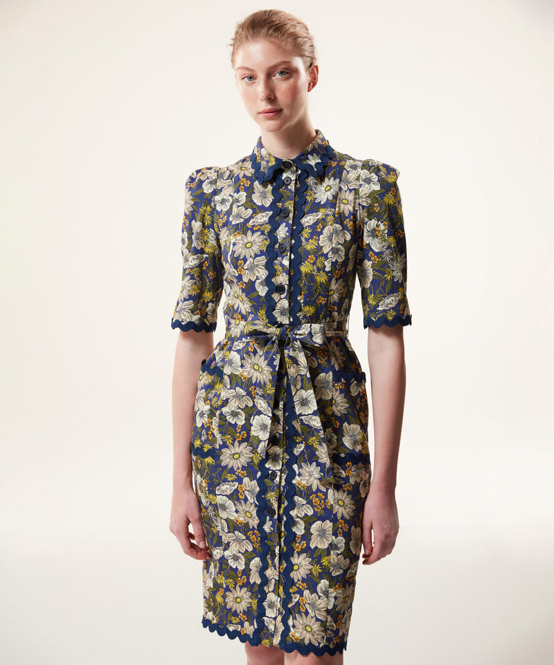 Machka Floral Pattern Belted Shirt Dress Navy Blue