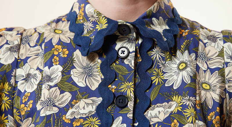 Machka Floral Pattern Belted Shirt Dress Navy Blue