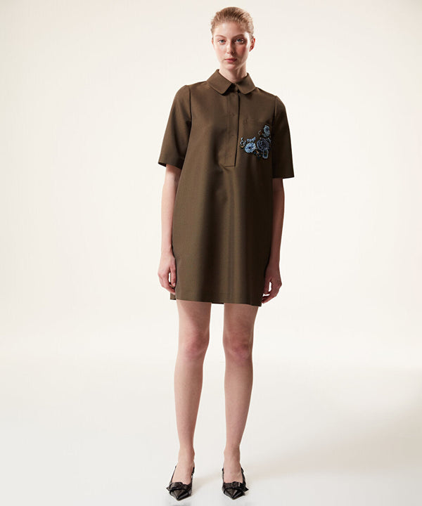 Machka Embroidered Mini Shirt Dress Dark Green