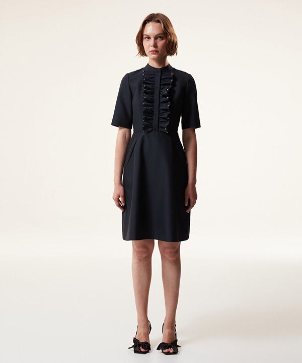 Machka Wool Blend Shirred Dress Navy Blue