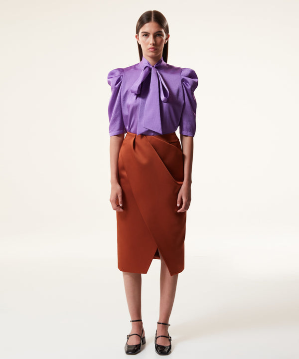 Machka Asymmetrical Draped Satin Duchess Skirt Bronze